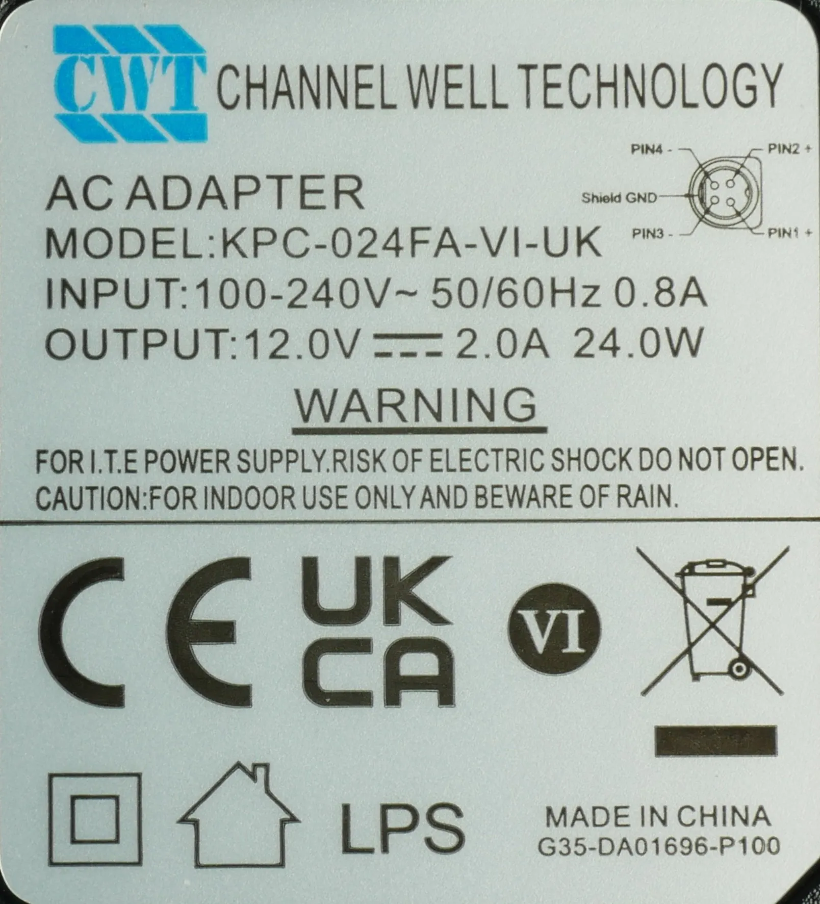 Genuine CWT 12V 2A 24W 4-Pin AC Adapter For Hikvision DVRs, Model KPC-024FA-VI - Image 2